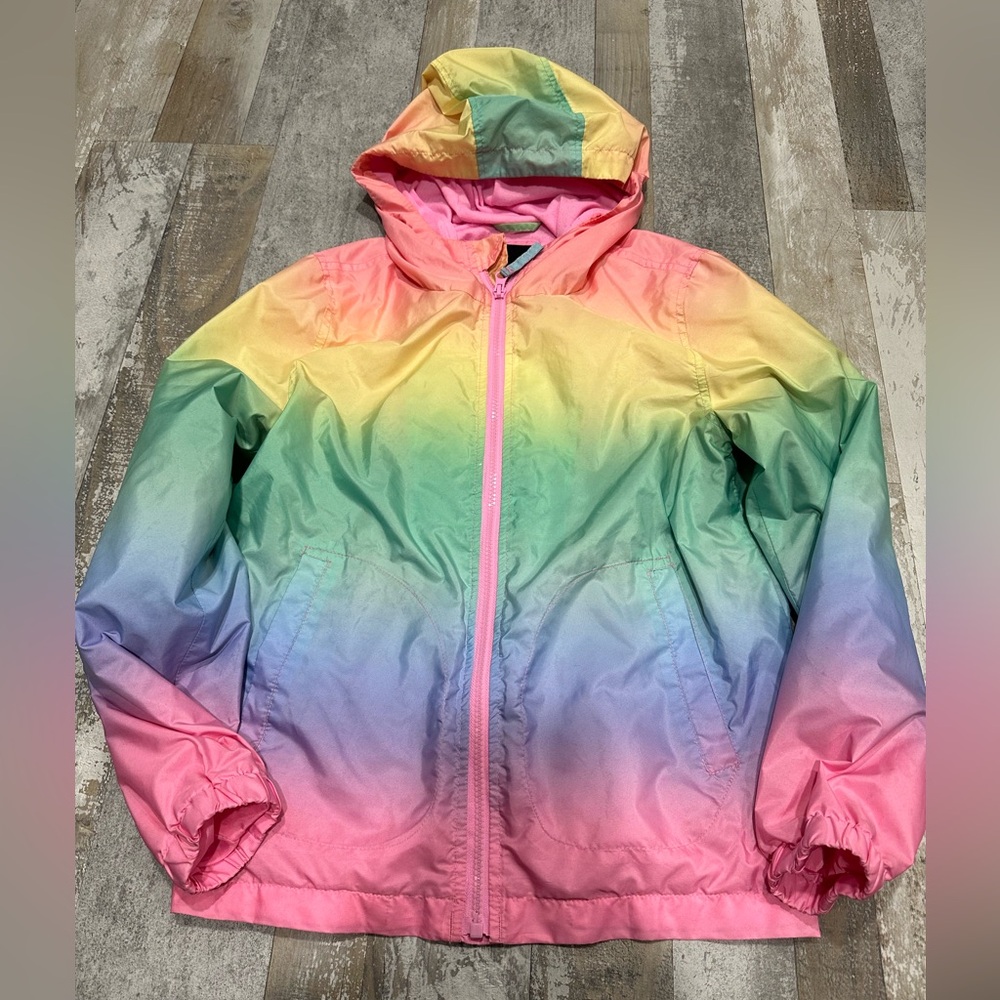 Me Jane Rainbow Hooded Jacket. Girls 14-16 Jersey-Lined Rain Jacket.
